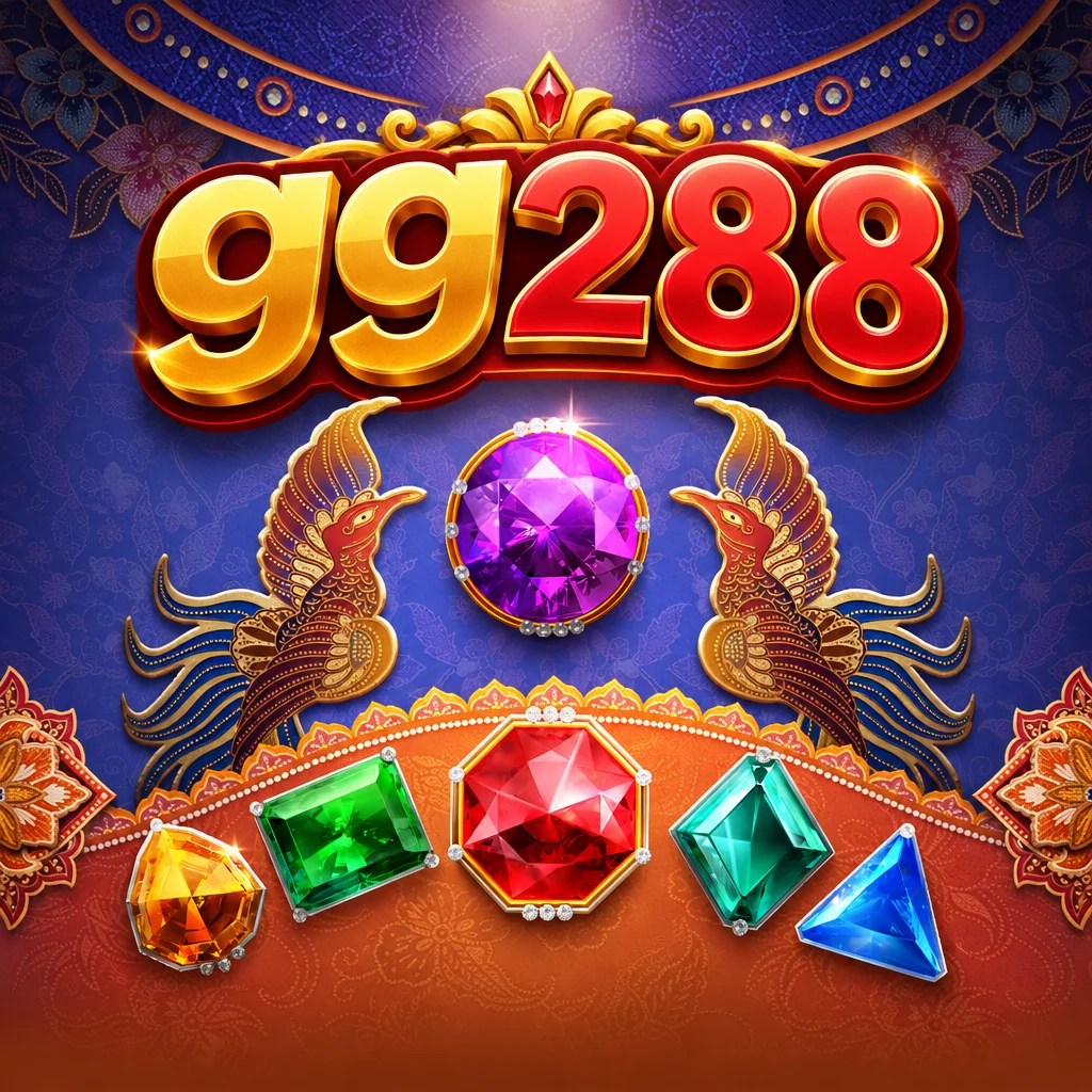 Logo gg288 dengan latar belakang bertema Garuda Gems berhiaskan batu permata warna-warni dan burung garuda emas